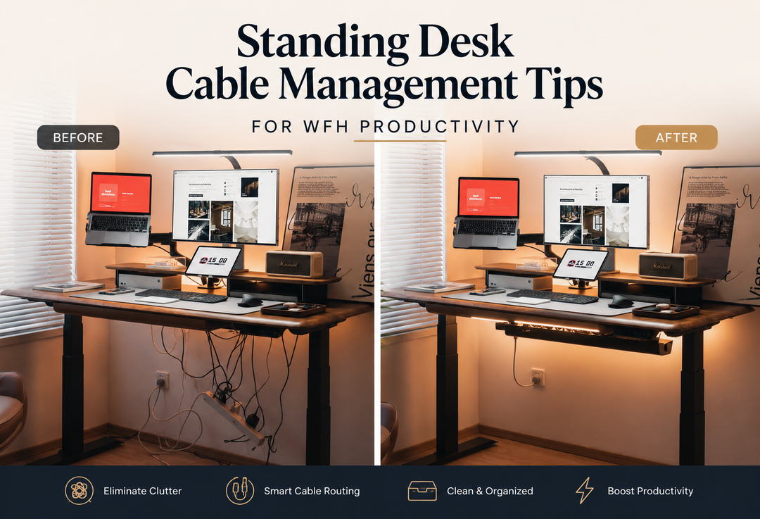 standing desk cable management before/after