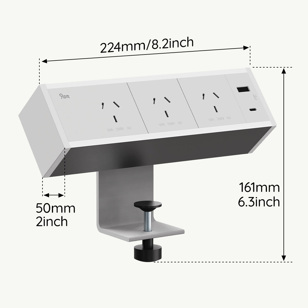 Desk Clamp Power Board Strip 3 GPO 1 USB A 1 Type C