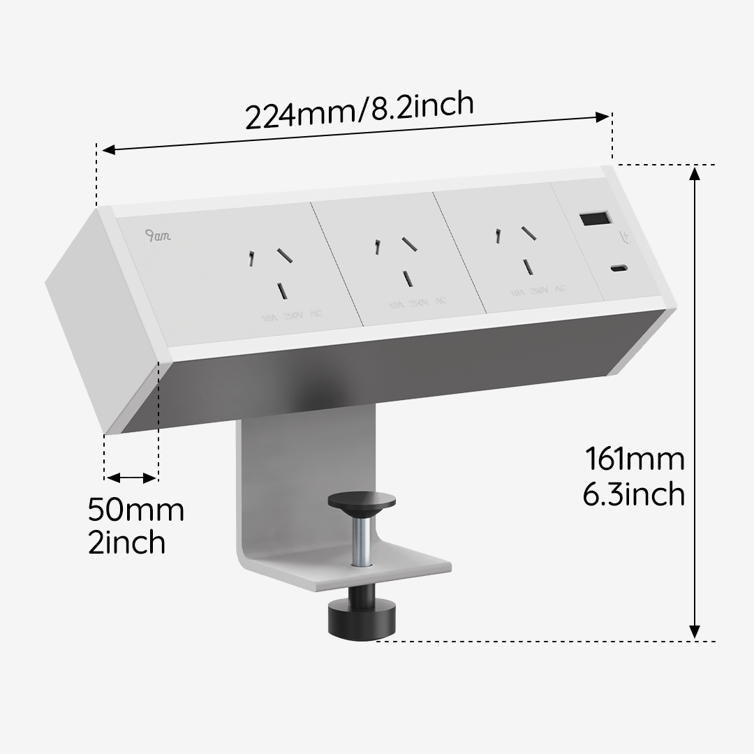 Desk Clamp Power Board Strip 3 GPO 1 USB A 1 Type C